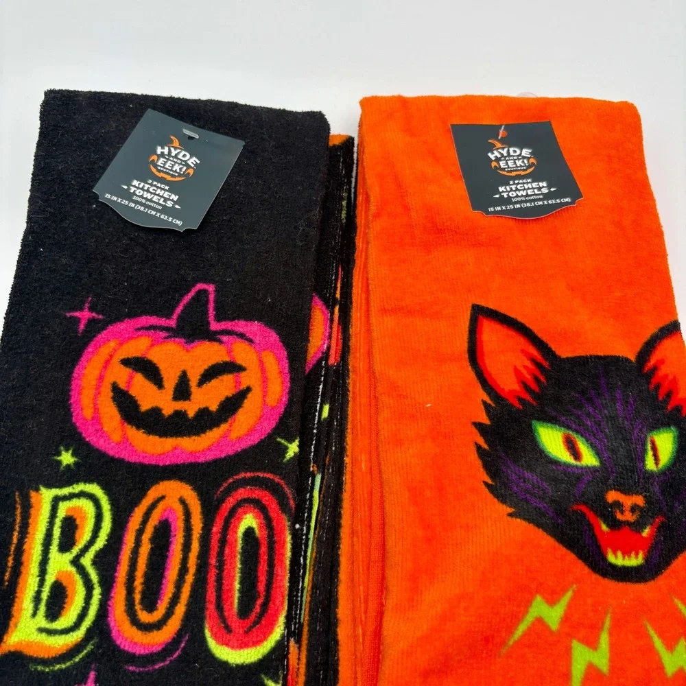 Hyde and Eek! 4 Halloween Kitchen Towels (2) 2-Pack‎ Black Cat Pumpkin Boo Decor